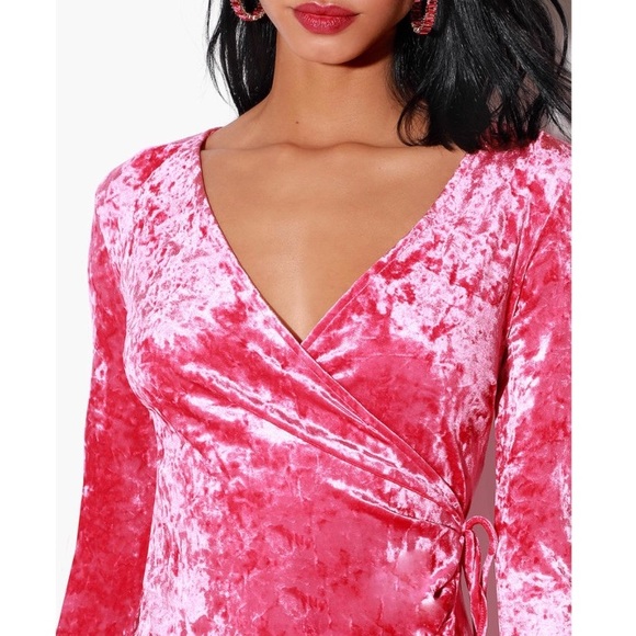 Lulu’s Pink Velvet Wrap Mini Long Sleeved Dress - Picture 4 of 5